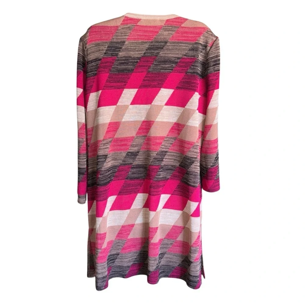 Misook Geometric Open Front Knit Cardigan Pink Tan Brown Size Large NWOT